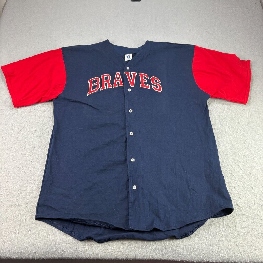 Vintage Atlanta Braves Jersey Mens XL Blue Logo‎ 7 Baseball MLB 90s